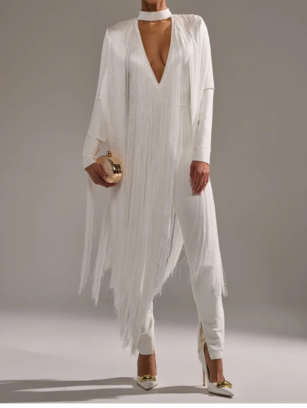ONE Of A Kind Chic White Fringe Jumpsuit with Draped Tassel Cape